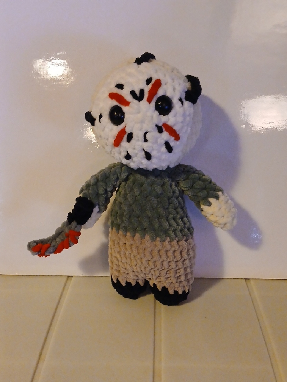 Handmade Horror Plush Doll - White Mask with Green Sweater -Jason Voorhees 9"